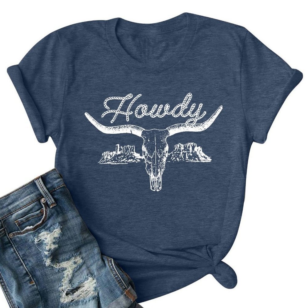 Howdy Shirt For Women Cow Skull Tshirt Western Top  Cowboy Graphic Shirt